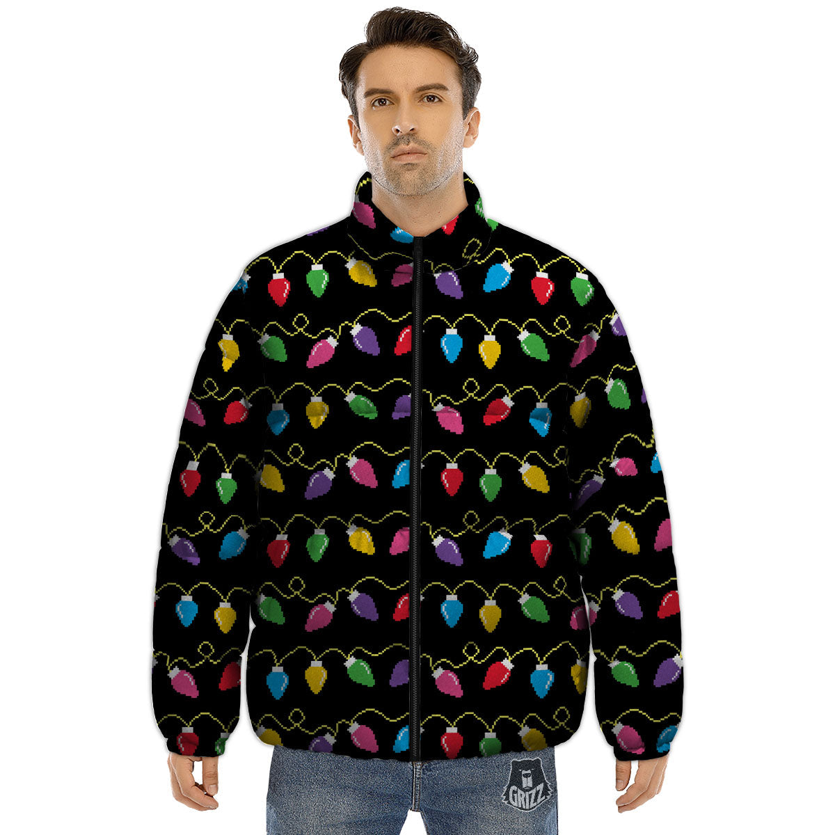 Lights Christmas Pixel Print Pattern Puffer Jacket-grizzshop