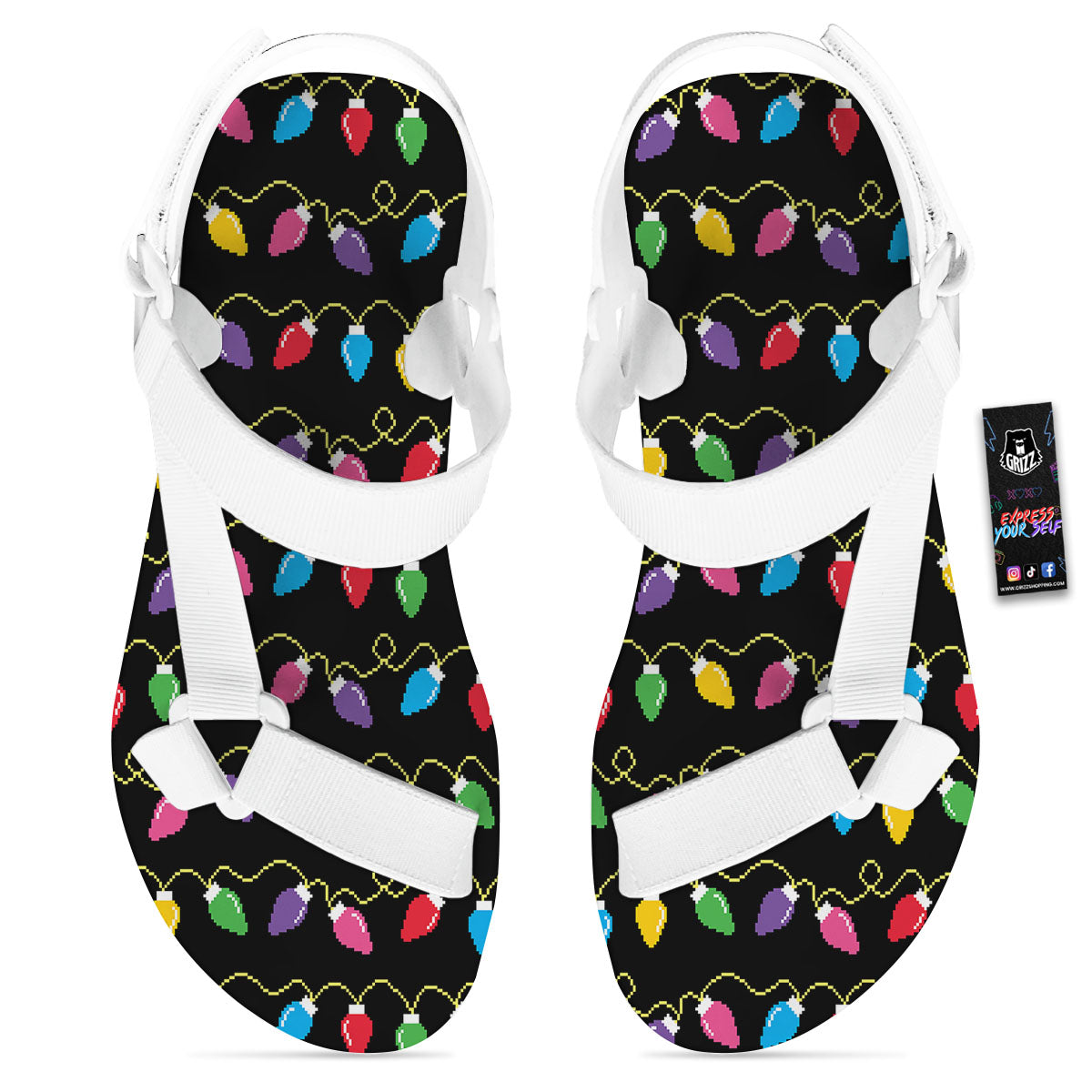 Lights Christmas Pixel Print Pattern White Open Toe Sandals-grizzshop