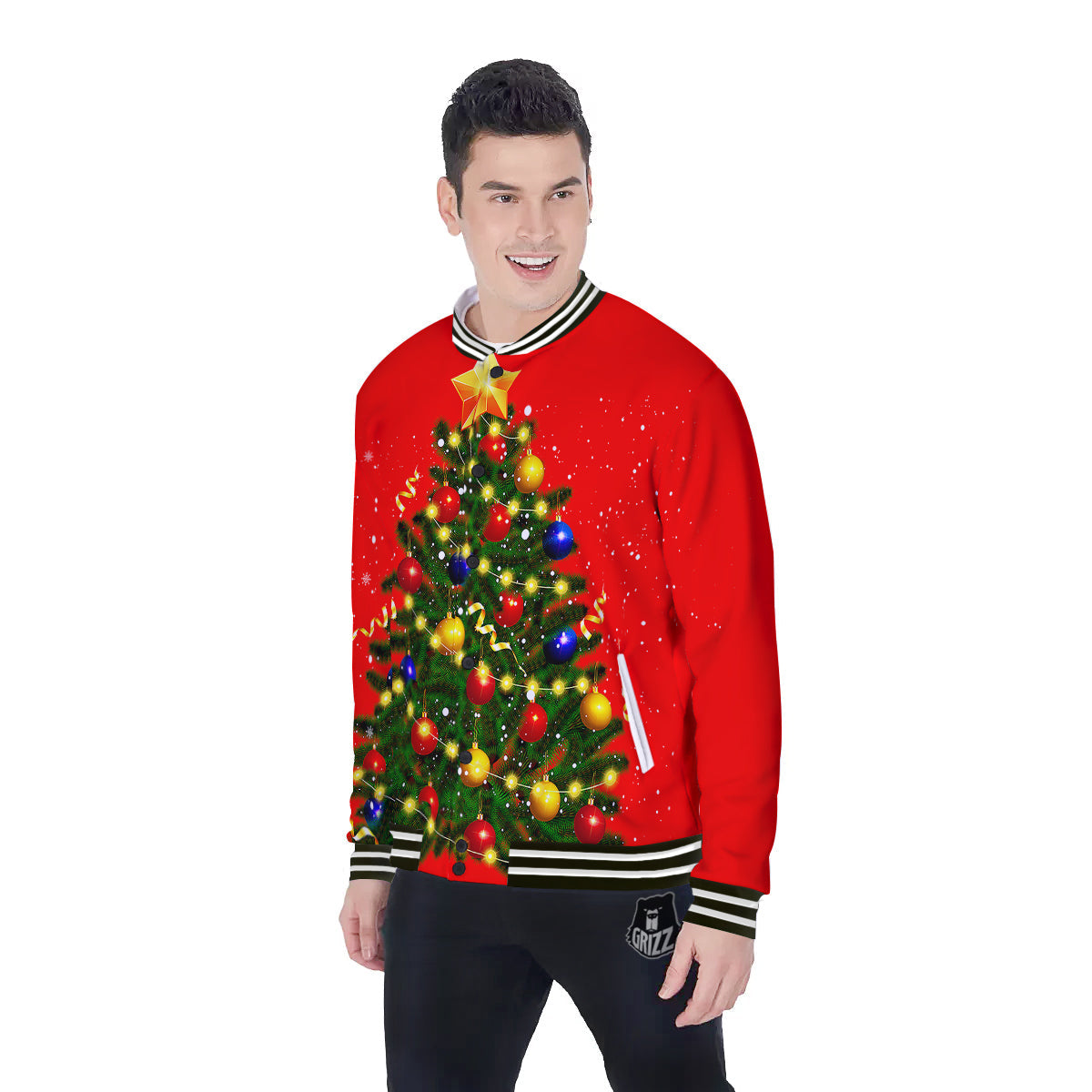 Lights Christmas Tree Print Baseball Jacket-grizzshop