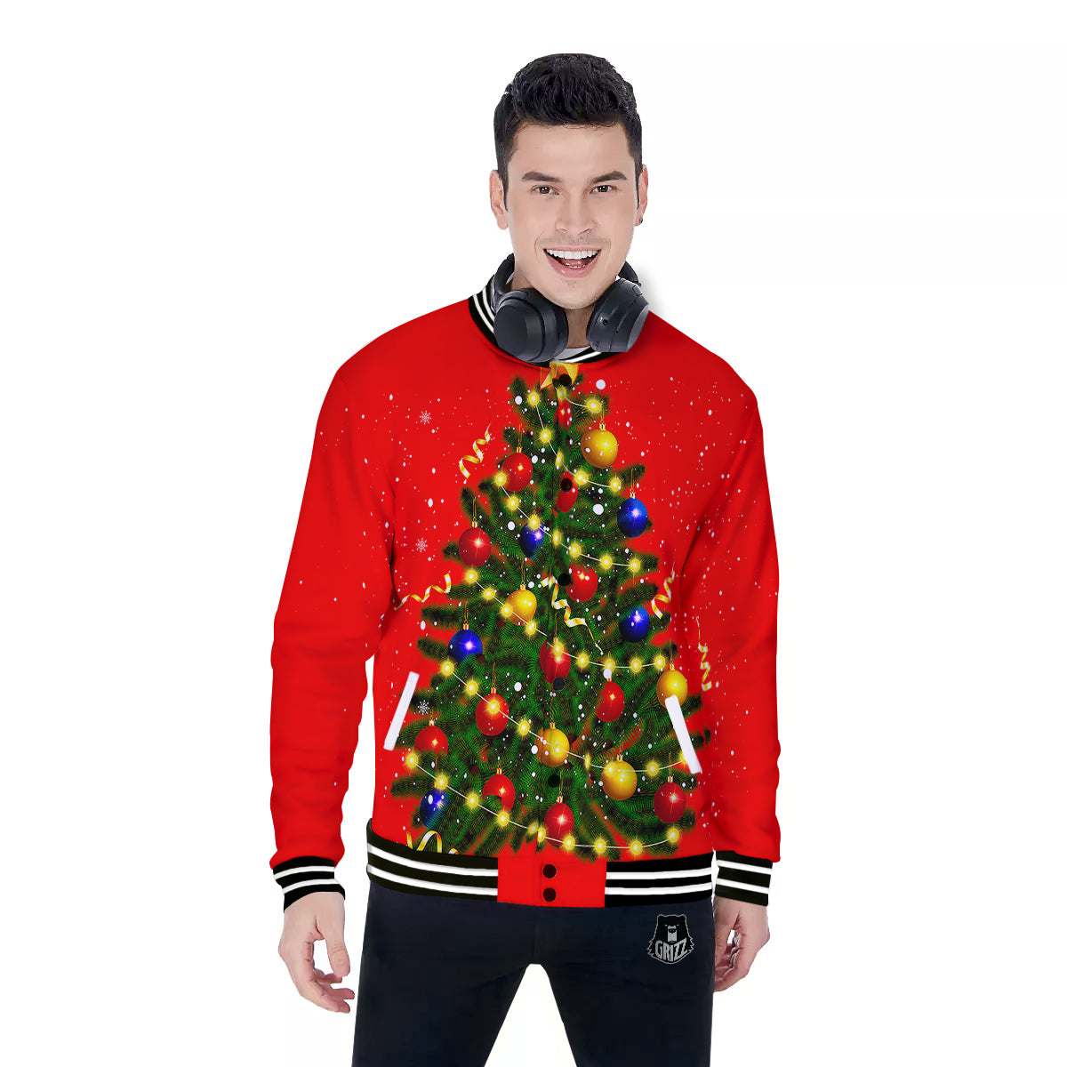Lights Christmas Tree Print Baseball Jacket-grizzshop