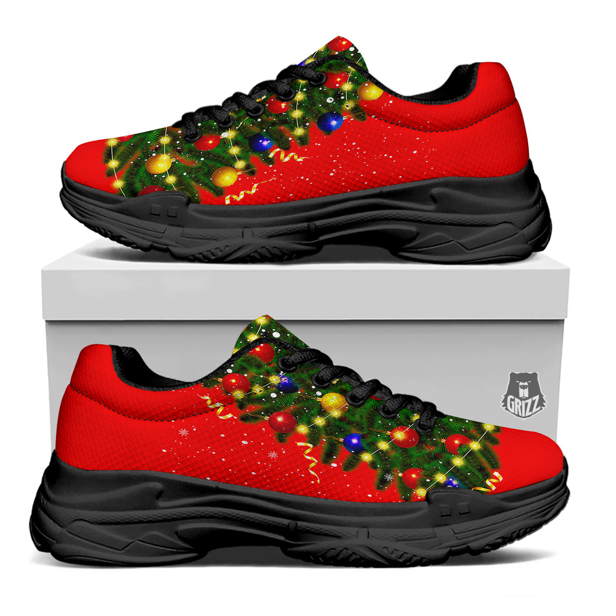 Lights Christmas Tree Print Black Chunky Shoes-grizzshop