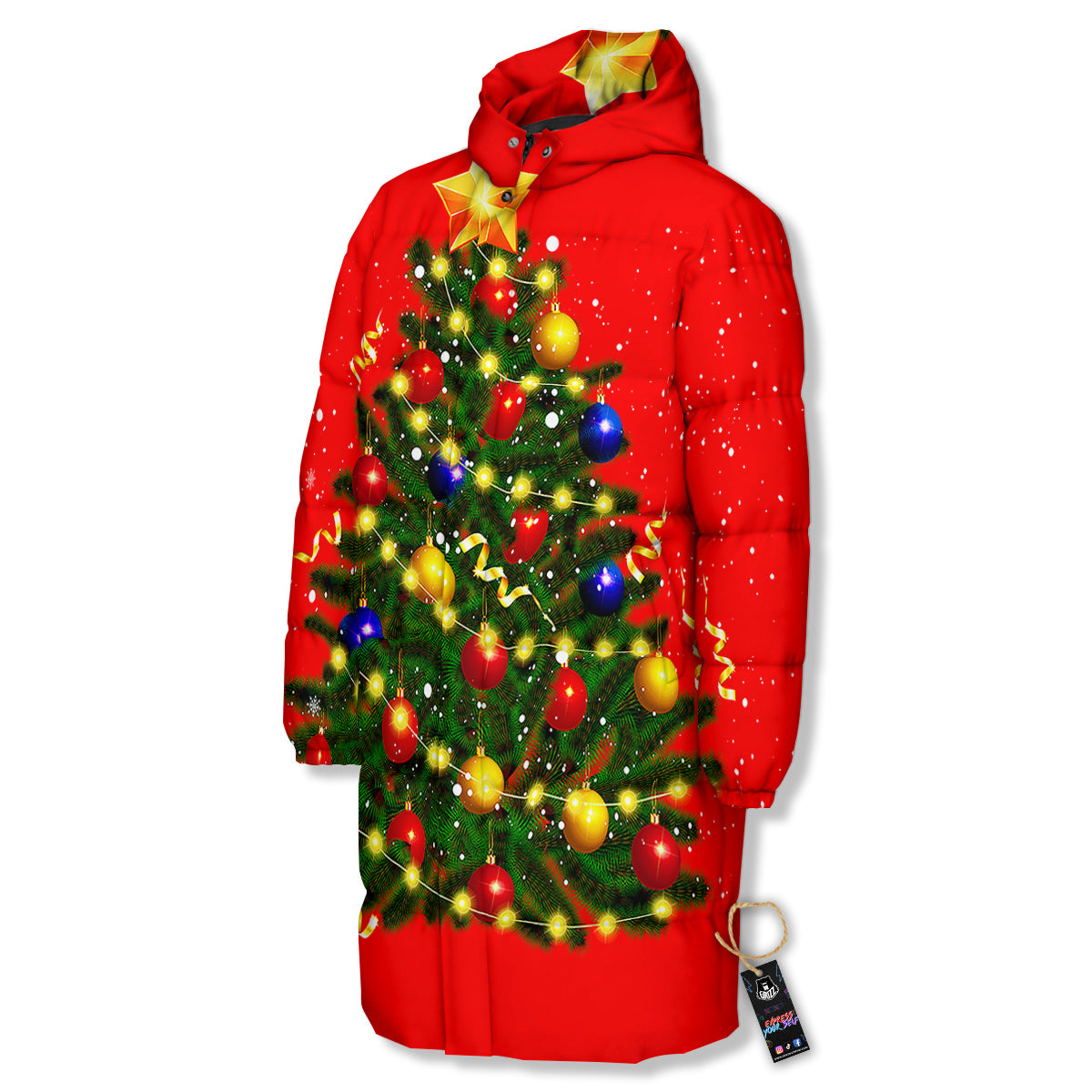Lights Christmas Tree Print Long Down Jacket-grizzshop