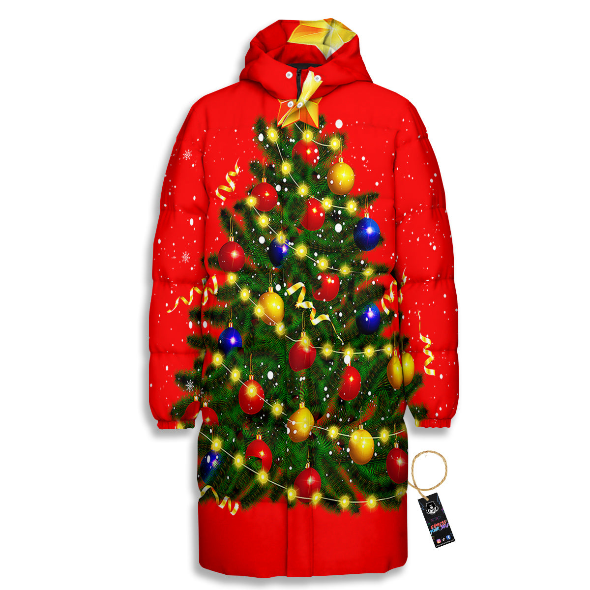 Lights Christmas Tree Print Long Down Jacket-grizzshop