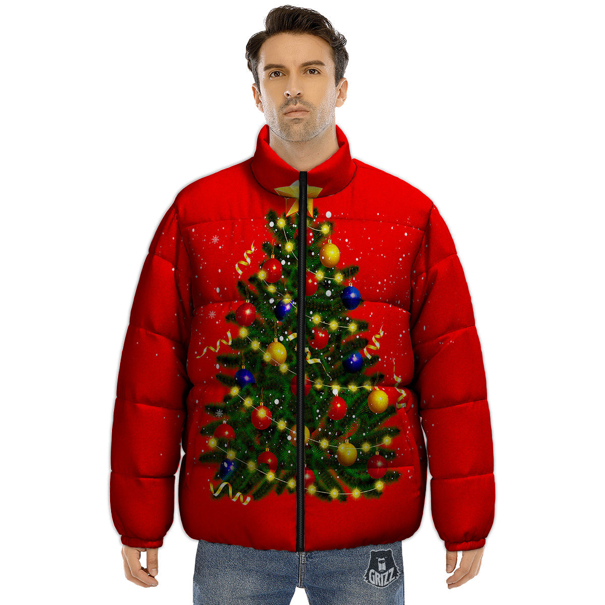 Lights Christmas Tree Print Puffer Jacket-grizzshop