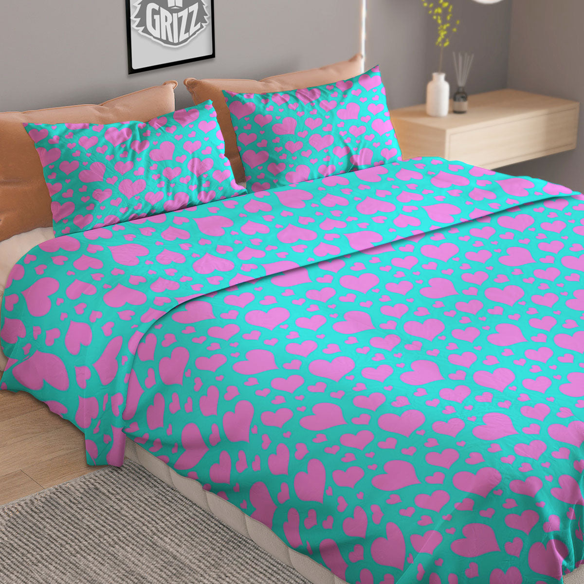 Lights Heart Blue And Pink Print Pattern Duvet Cover Bedding Set