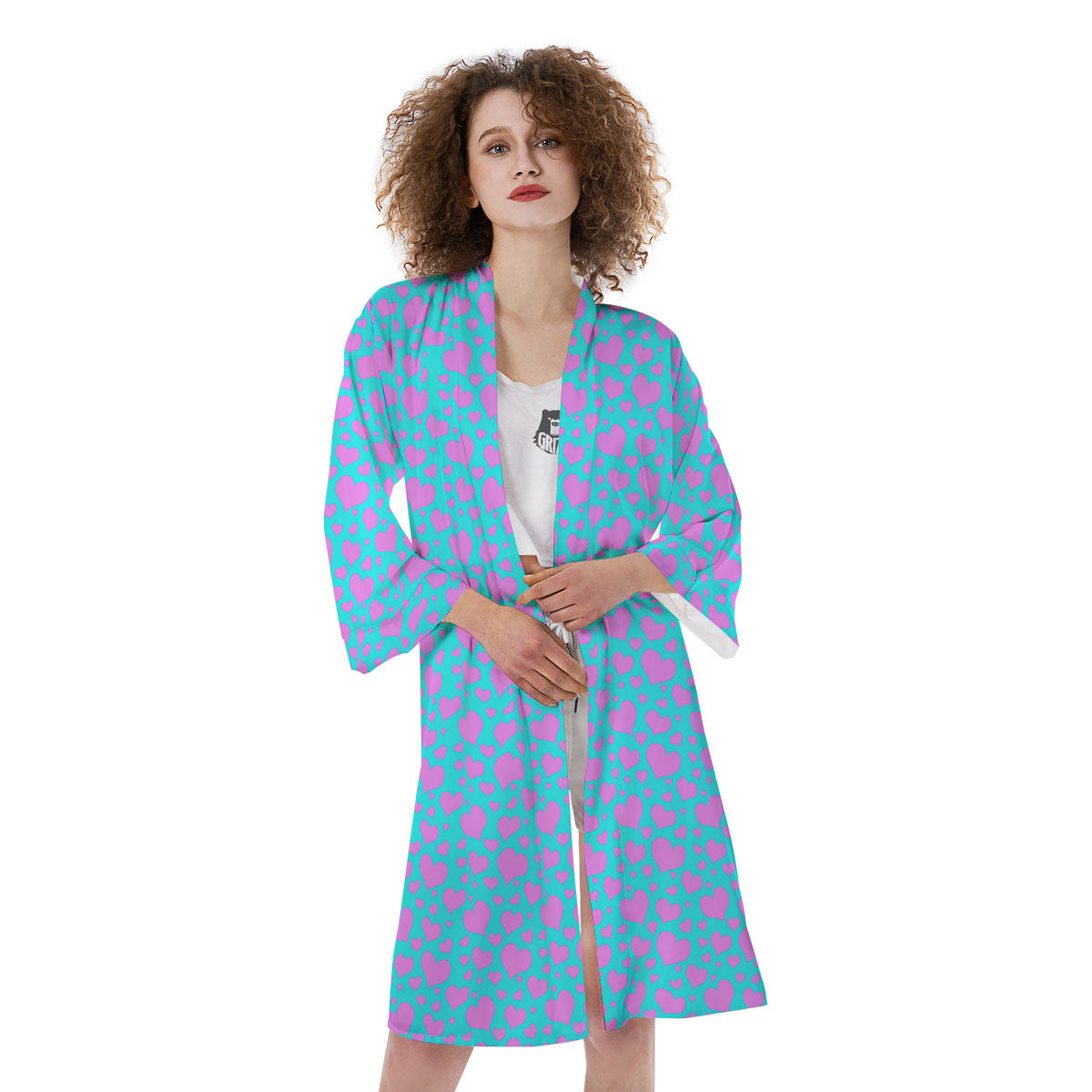 Lights Heart Blue And Pink Print Pattern Kimono-grizzshop