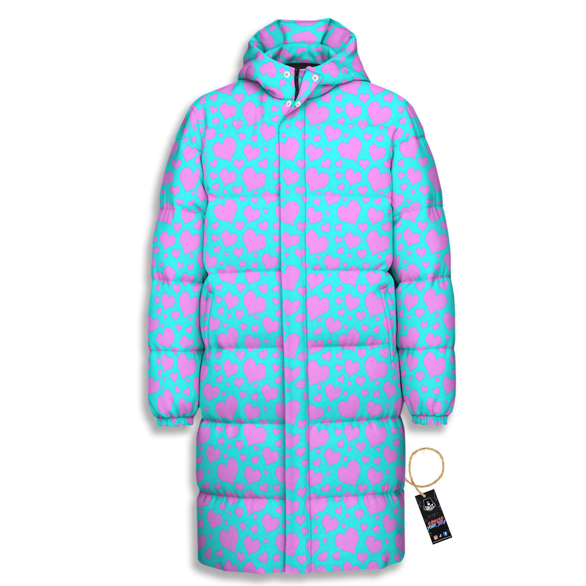 Lights Heart Blue And Pink Print Pattern Long Down Jacket-grizzshop