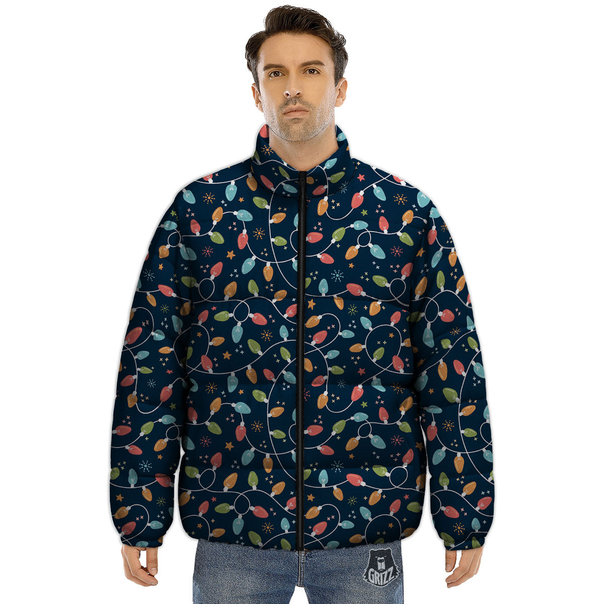 Lights Merry Christmas Print Pattern Puffer Jacket-grizzshop