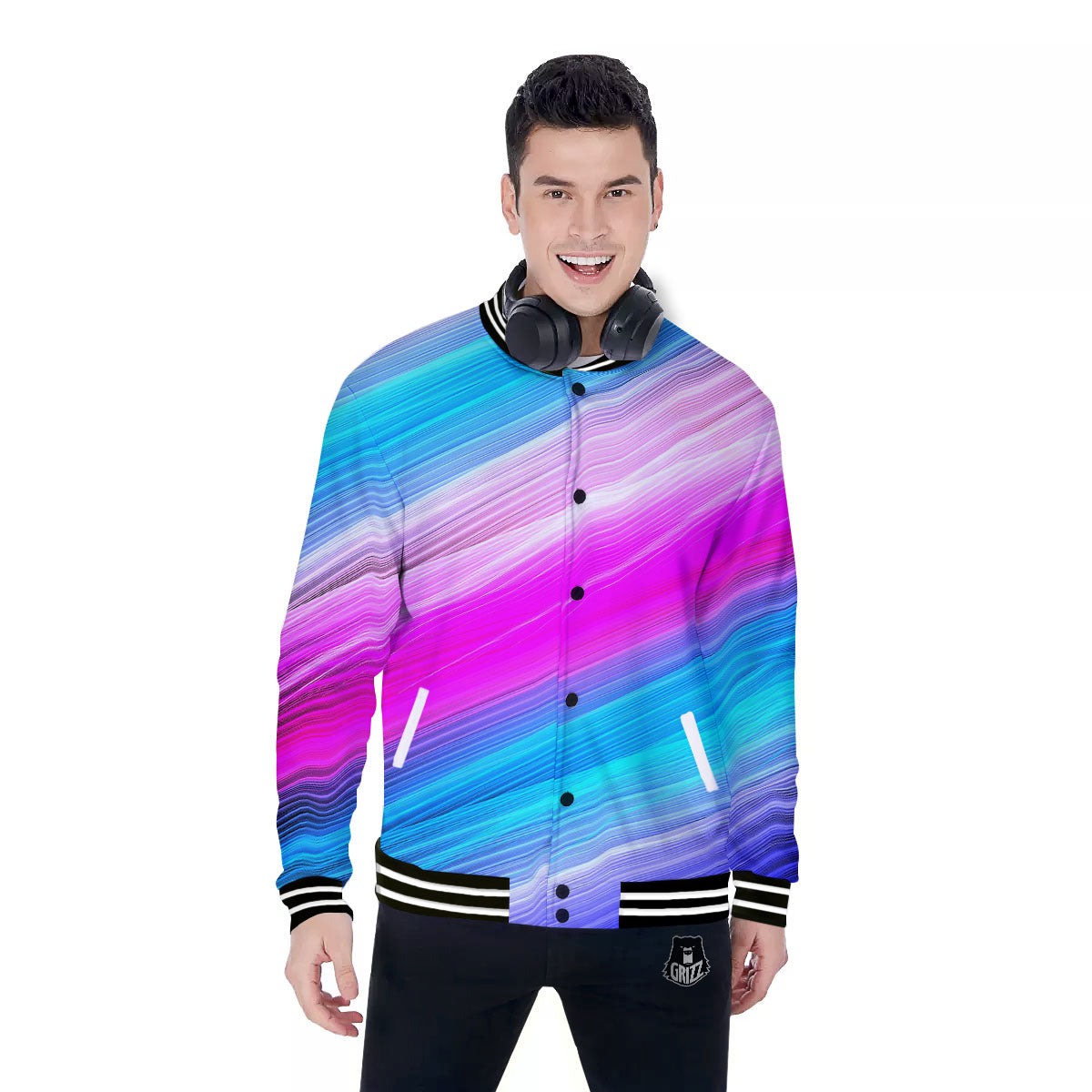 Lights Speed Teal And Pink Print Baseball Jacket-grizzshop
