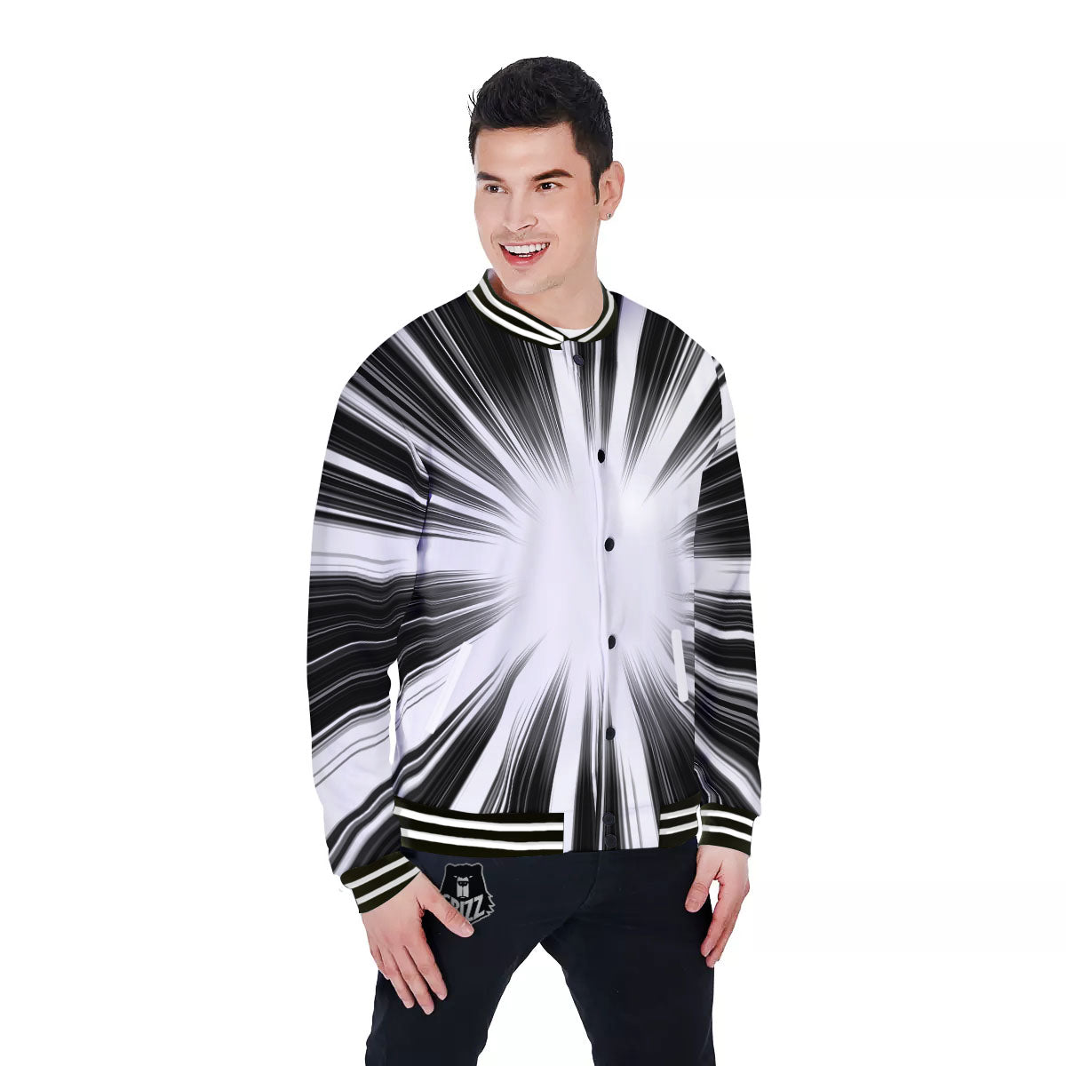 Lightspeed White And Black Print Baseball Jacket-grizzshop