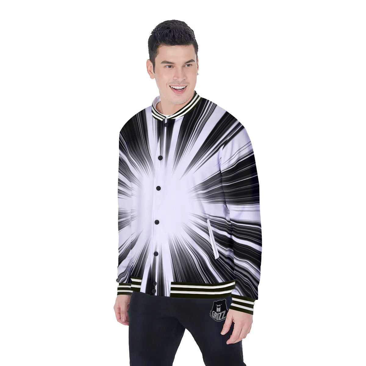 Lightspeed White And Black Print Baseball Jacket-grizzshop