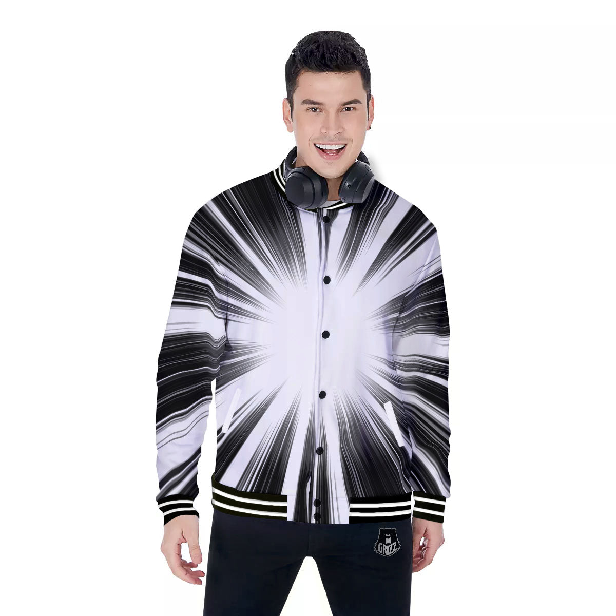 Lightspeed White And Black Print Baseball Jacket-grizzshop