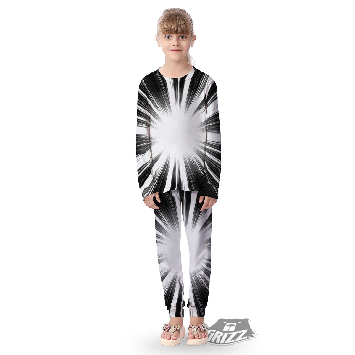 Lightspeed White And Black Print Kid's Pajamas-grizzshop
