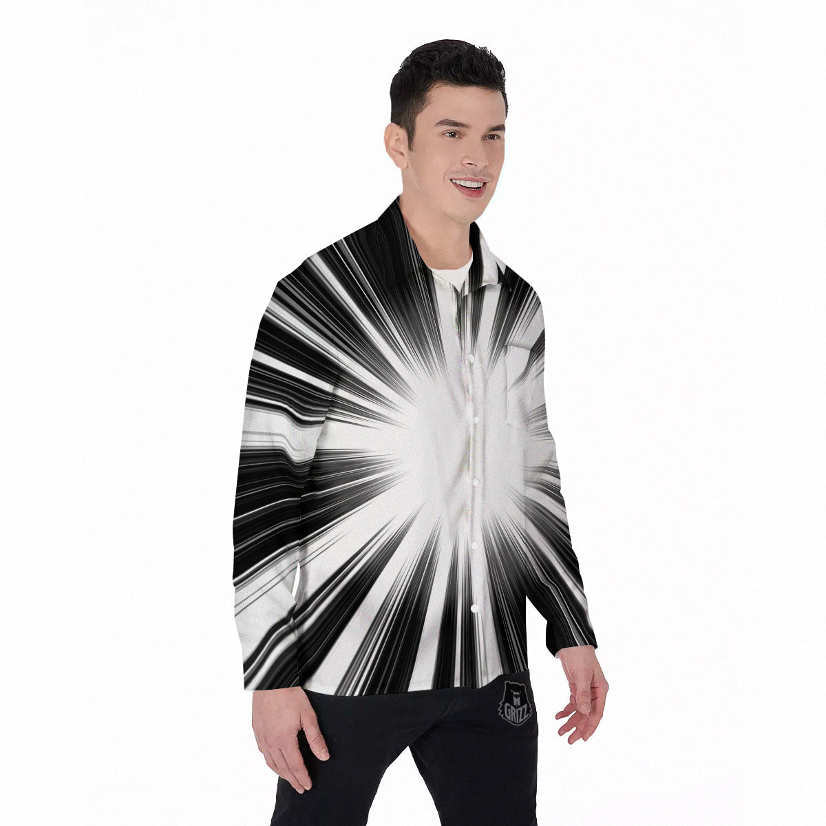 Lightspeed White And Black Print Men's Long Sleeve Shirts-grizzshop