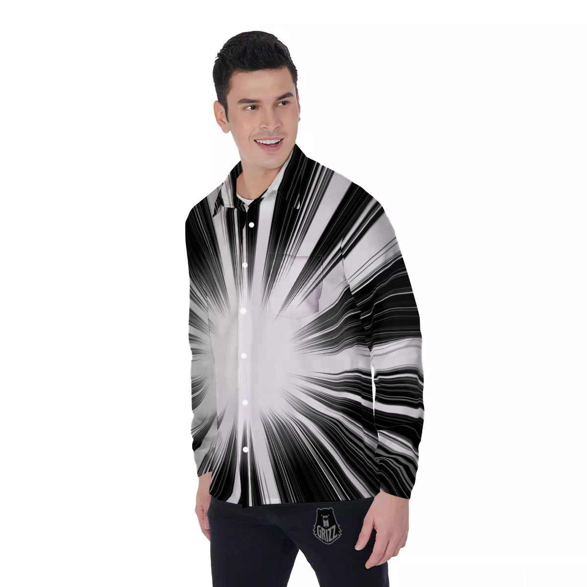 Lightspeed White And Black Print Men's Long Sleeve Shirts-grizzshop