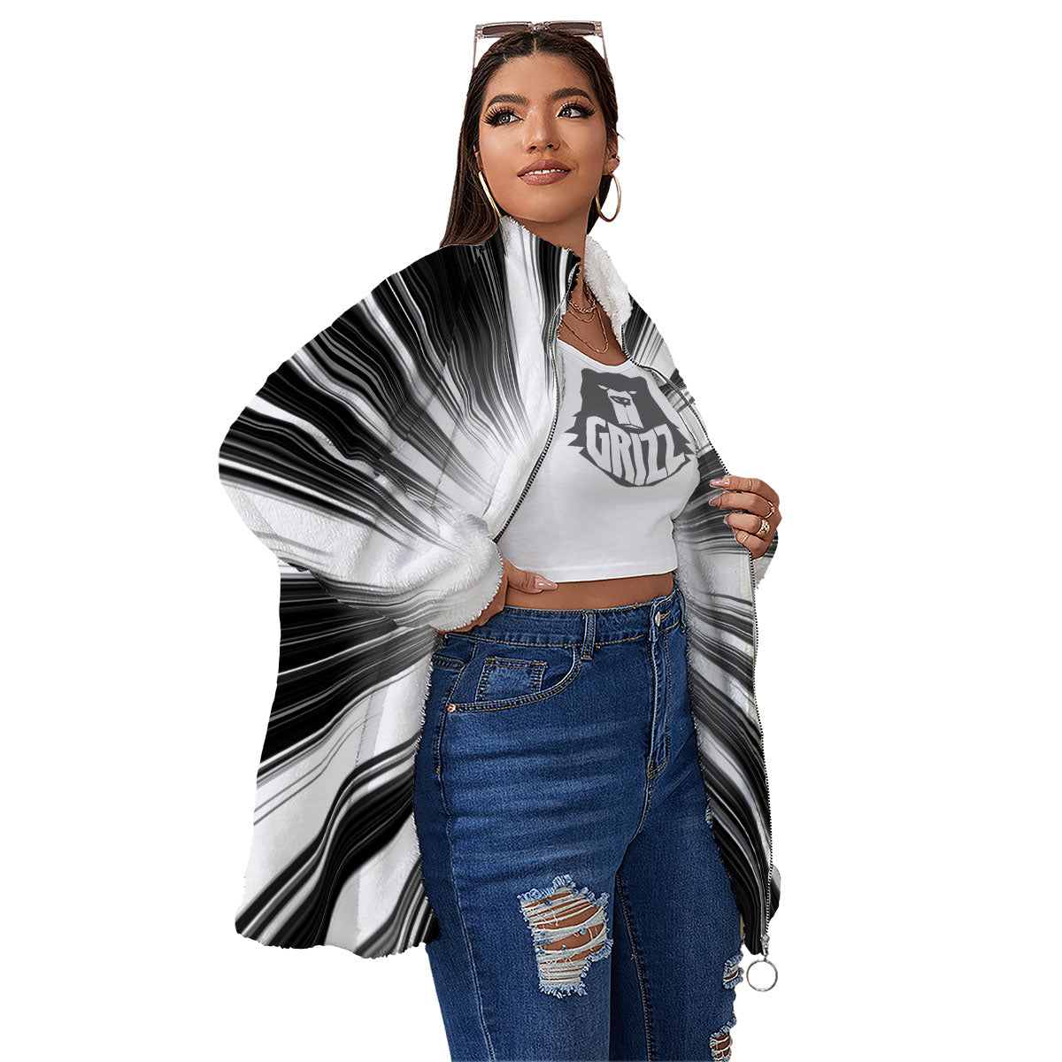 Lightspeed White And Black Print Women's Sherpa Jacket-grizzshop