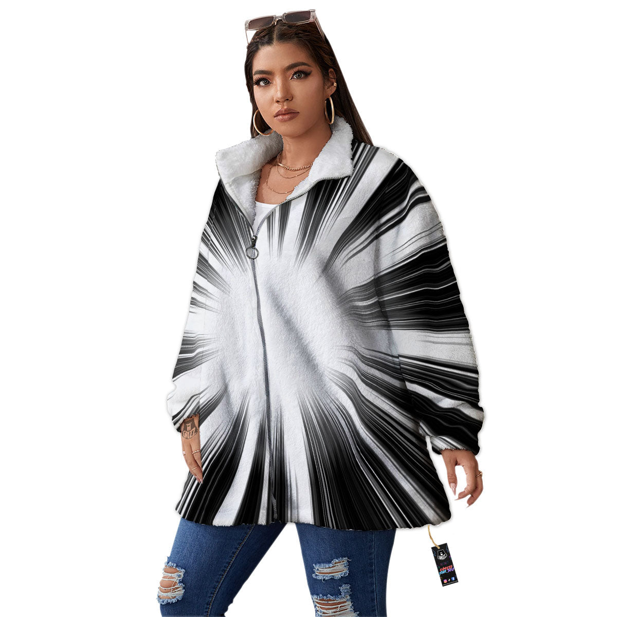 Lightspeed White And Black Print Women's Sherpa Jacket-grizzshop