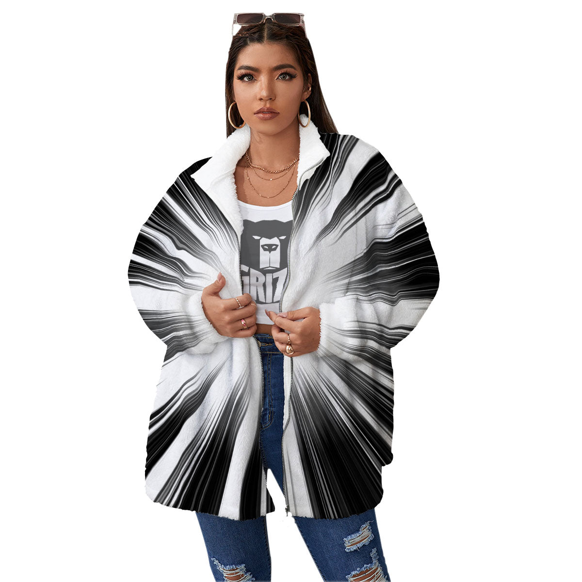 Lightspeed White And Black Print Women's Sherpa Jacket-grizzshop