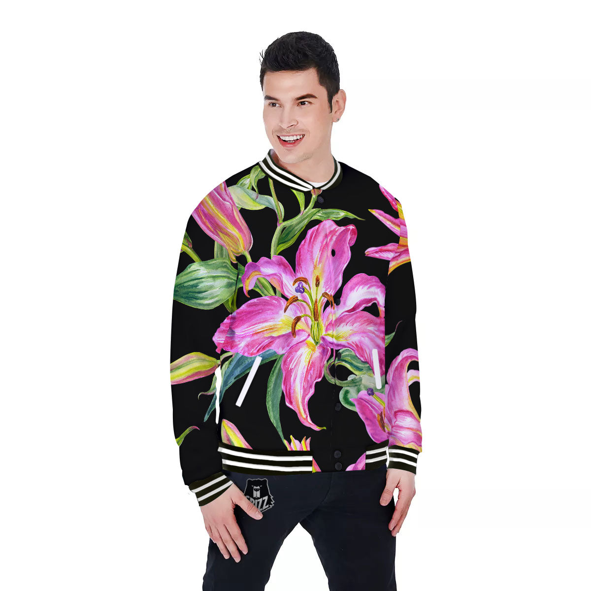 Lilies Pink Watercolor Print Baseball Jacket-grizzshop