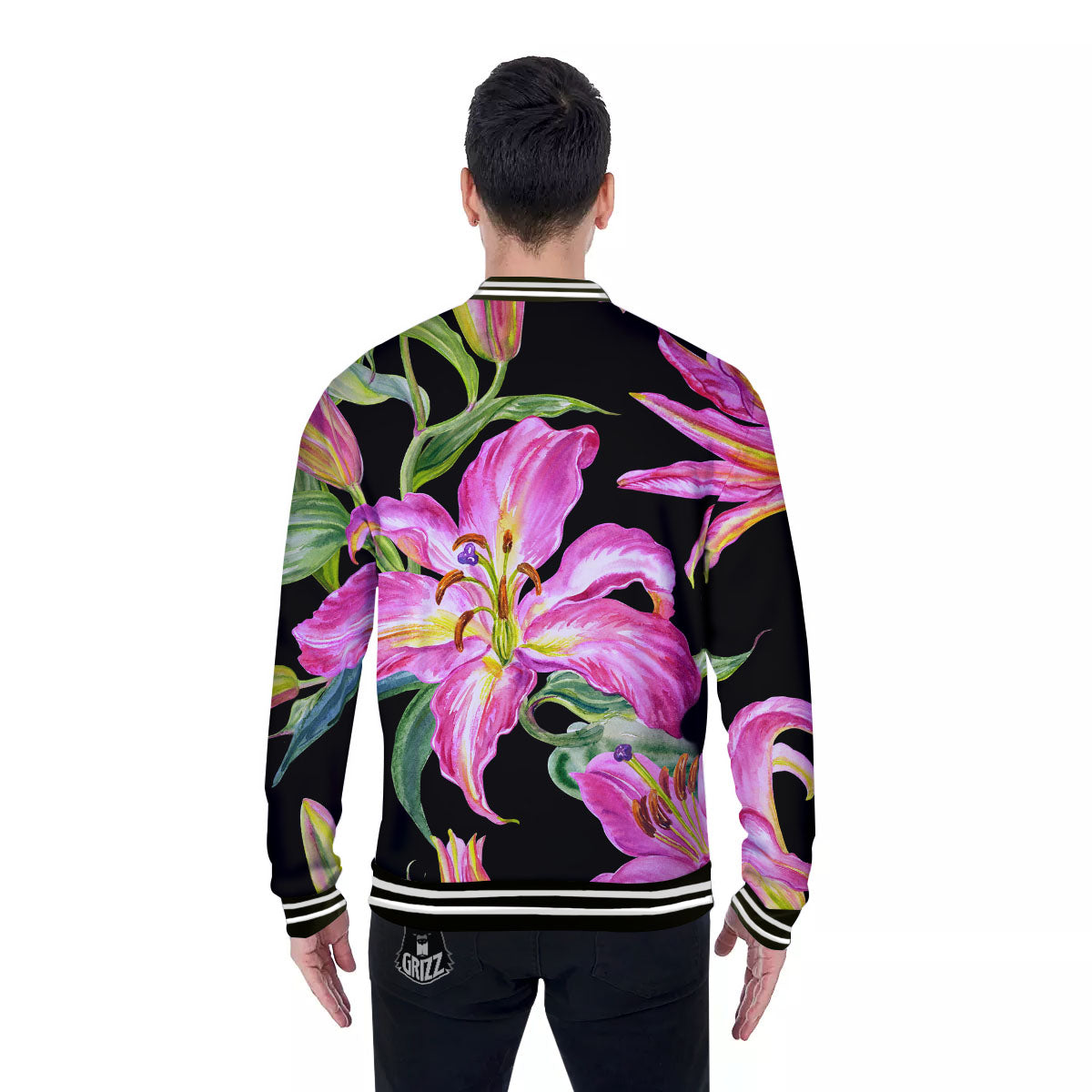 Lilies Pink Watercolor Print Baseball Jacket-grizzshop