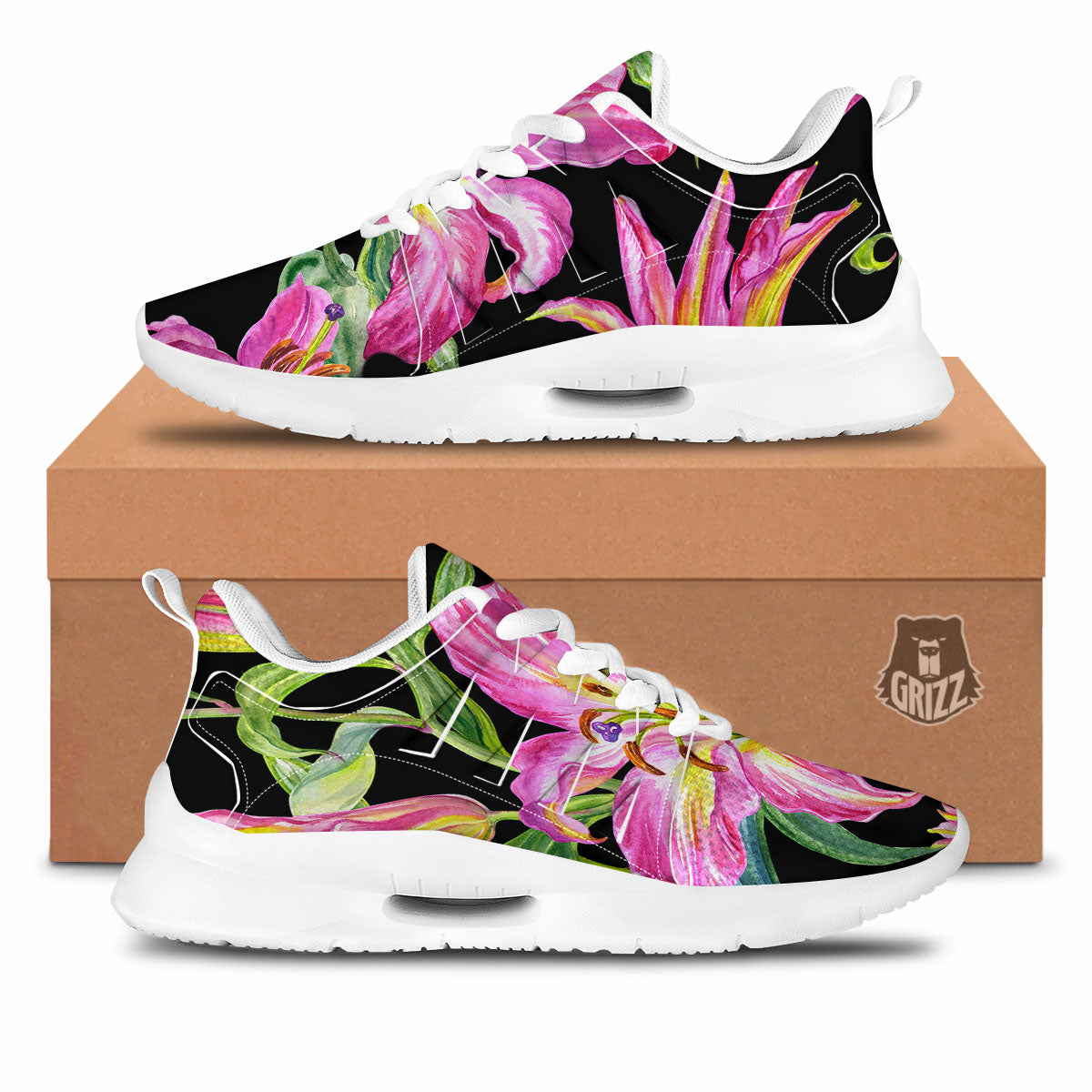 Lilies Pink Watercolor Print Tennis Shoes-grizzshop