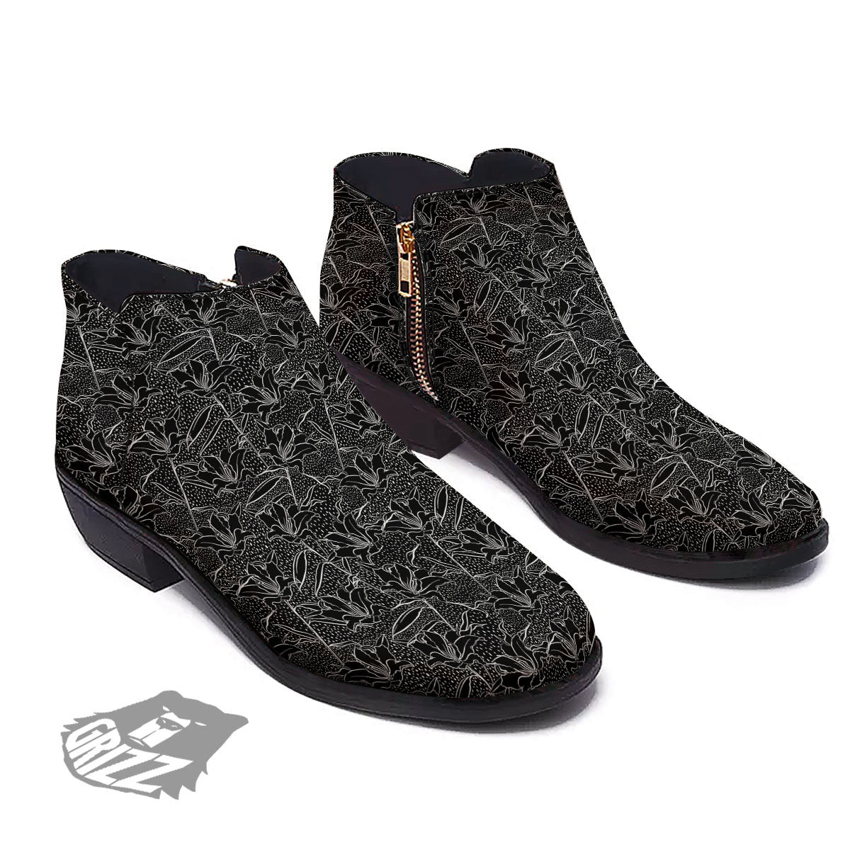 Lily Black And White Print Pattern Ankle Boots-grizzshop