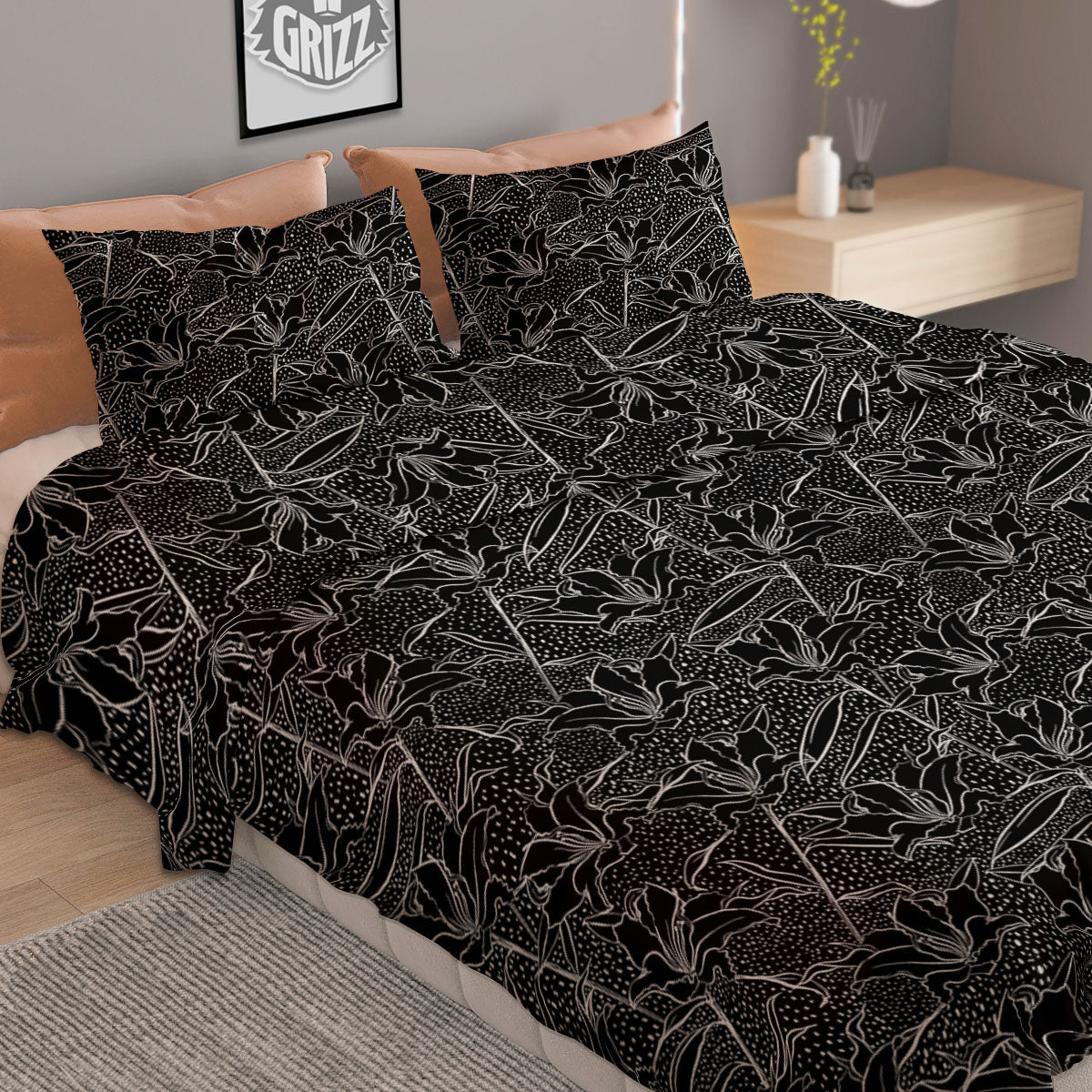 Lily Black And White Print Pattern Duvet Cover Bedding Set
