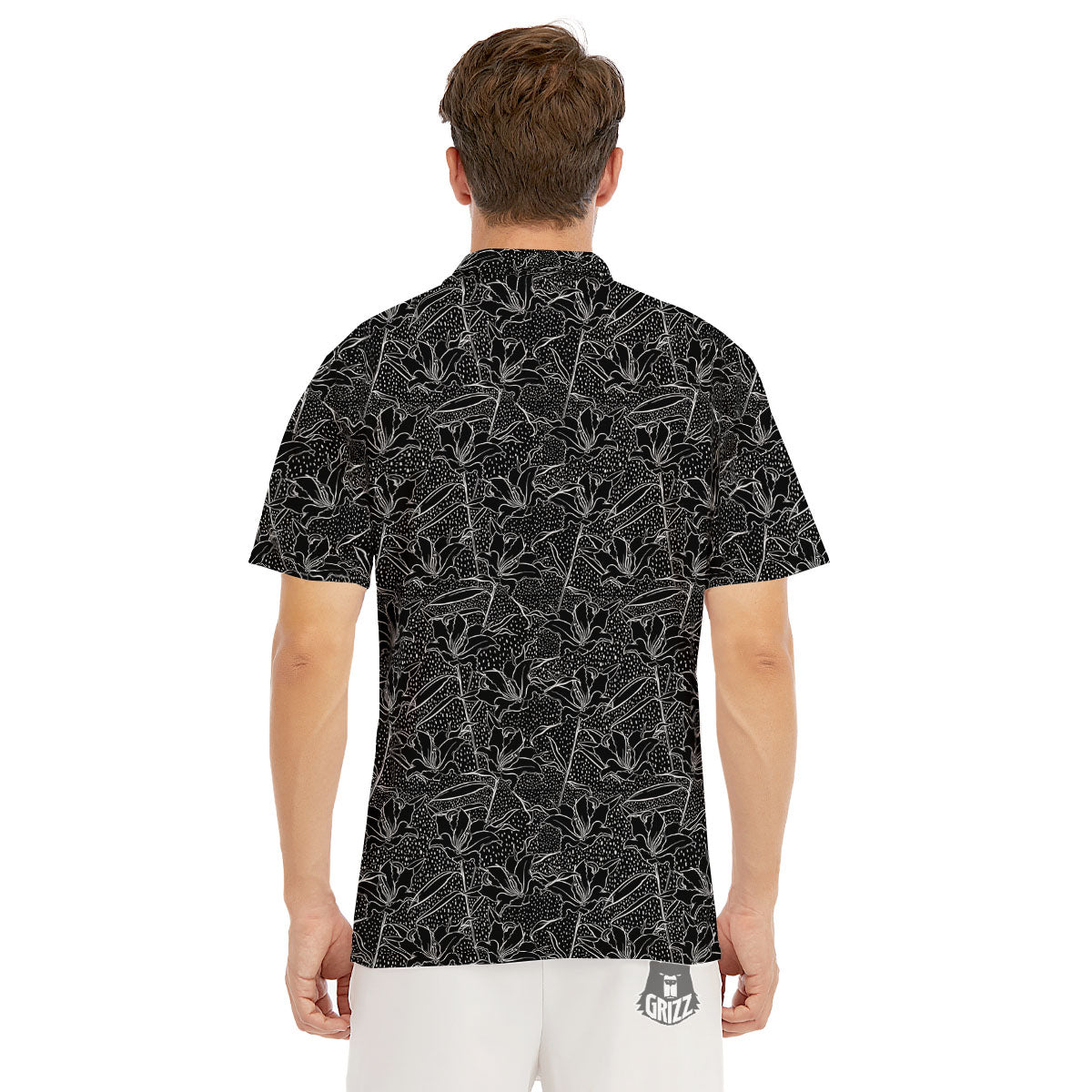 Lily Black And White Print Pattern Men's Golf Shirts-grizzshop