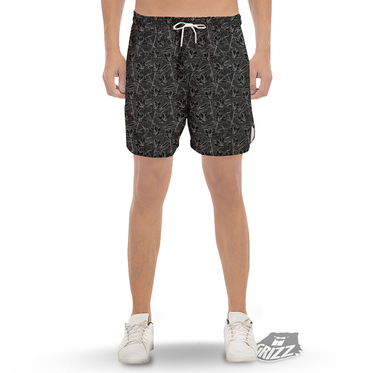 Lily Black And White Print Pattern Men's Gym Shorts-grizzshop