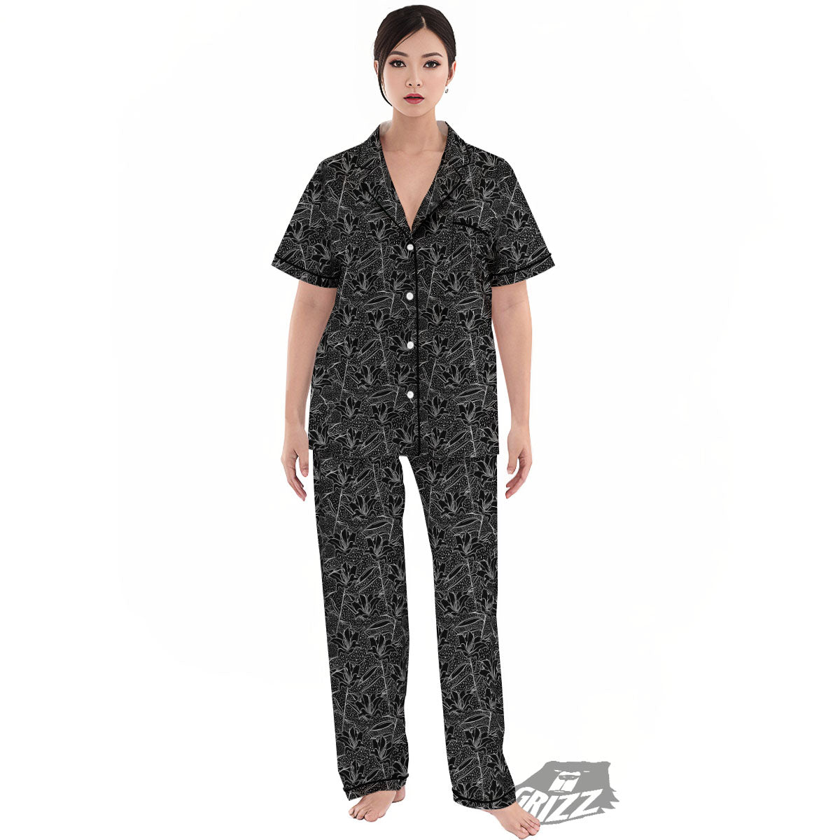 Lily Black And White Print Pattern Women's Pajamas Set-grizzshop