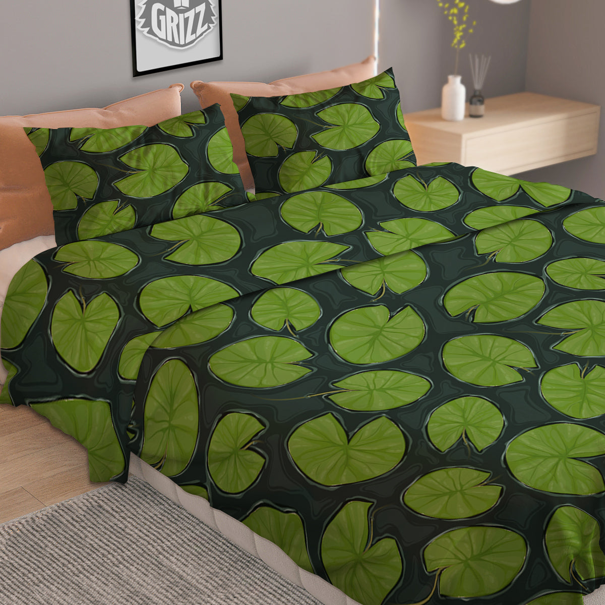 Lily Pads Water Print Pattern Duvet Cover Bedding Set