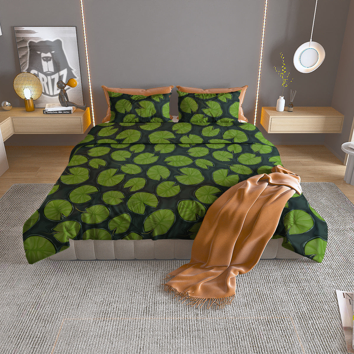Lily Pads Water Print Pattern Duvet Cover Bedding Set