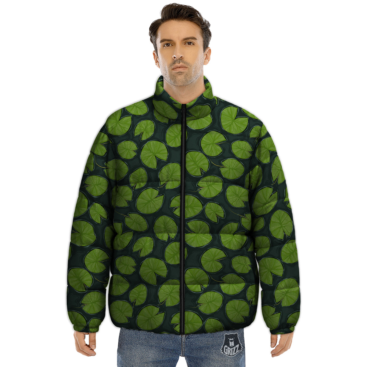 Lily Pads Water Print Pattern Puffer Jacket-grizzshop