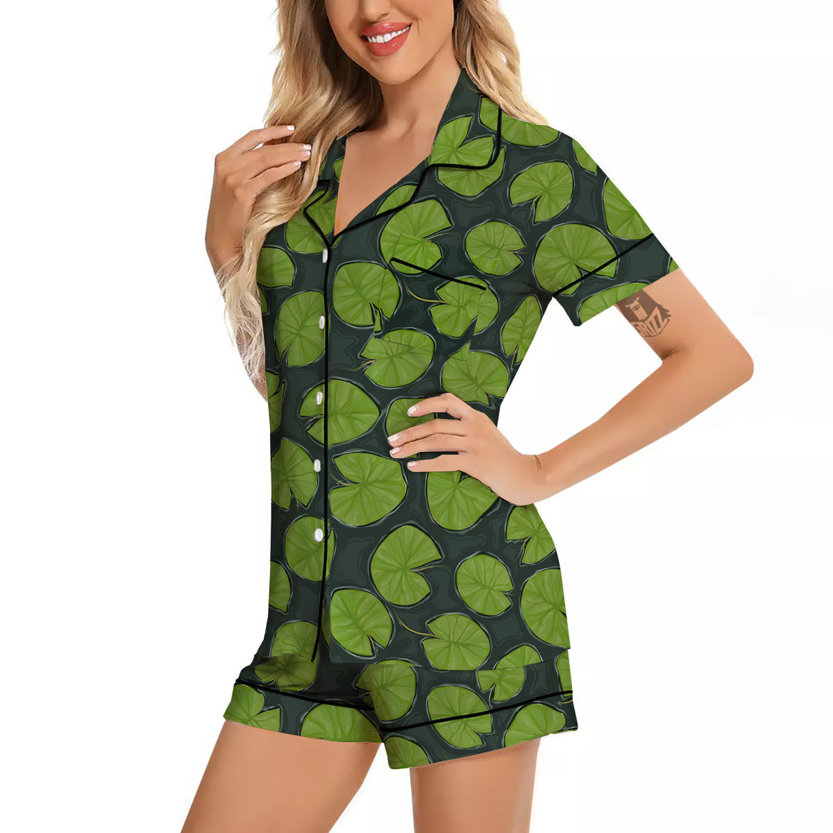 Lily Pads Water Print Pattern Women Silk Pajamas-grizzshop