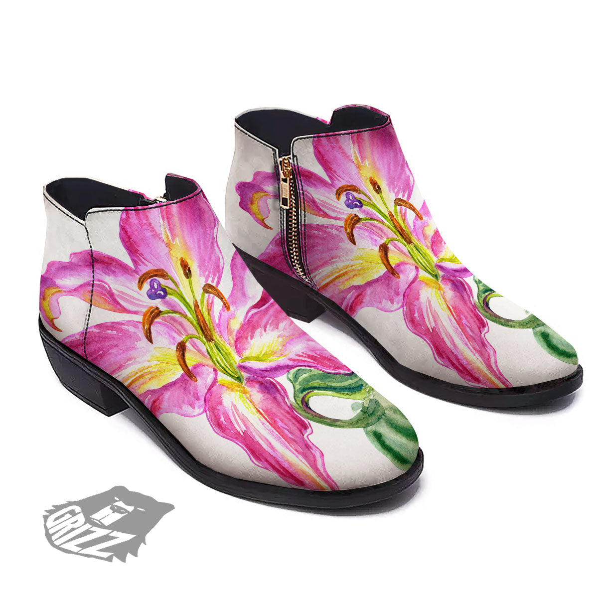 Lily Pink Watercolor Print Ankle Boots-grizzshop
