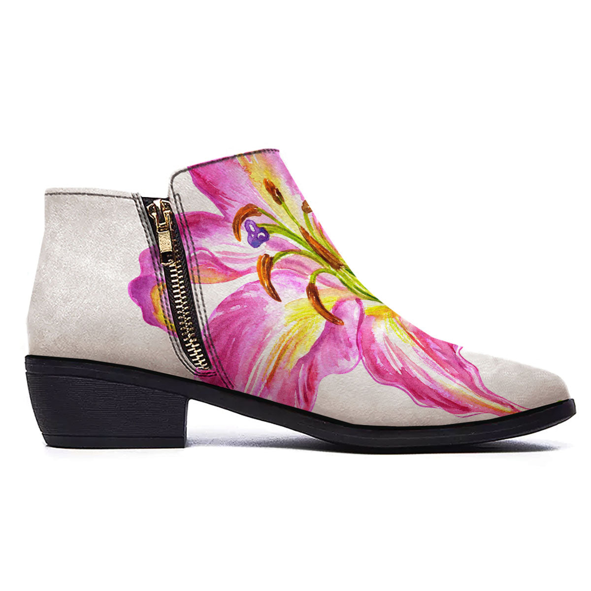 Lily Pink Watercolor Print Ankle Boots-grizzshop