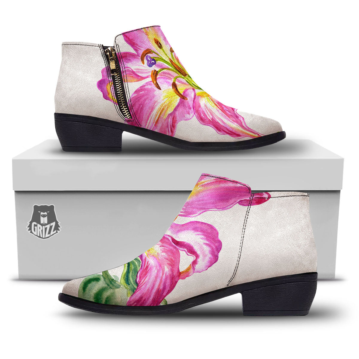 Lily Pink Watercolor Print Ankle Boots-grizzshop