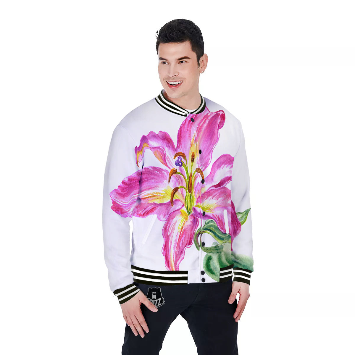 Lily Pink Watercolor Print Baseball Jacket-grizzshop