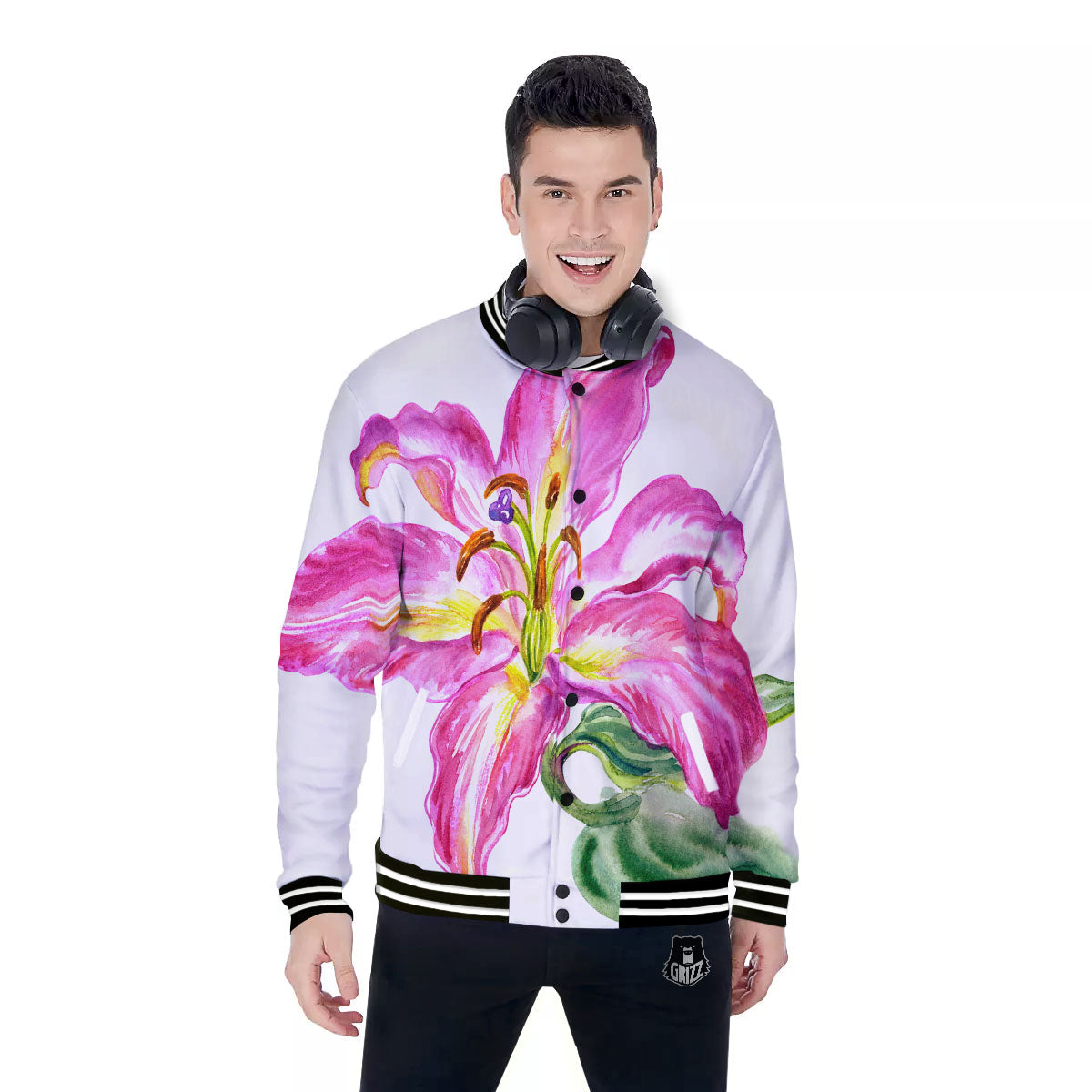 Lily Pink Watercolor Print Baseball Jacket-grizzshop