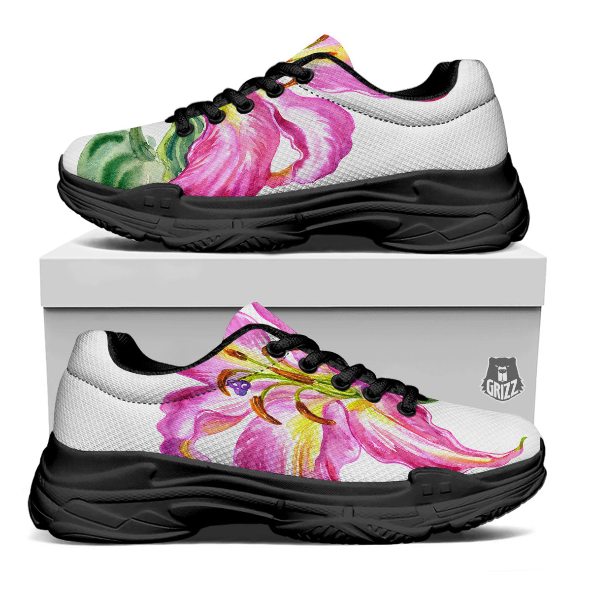 Lily Pink Watercolor Print Black Chunky Shoes-grizzshop