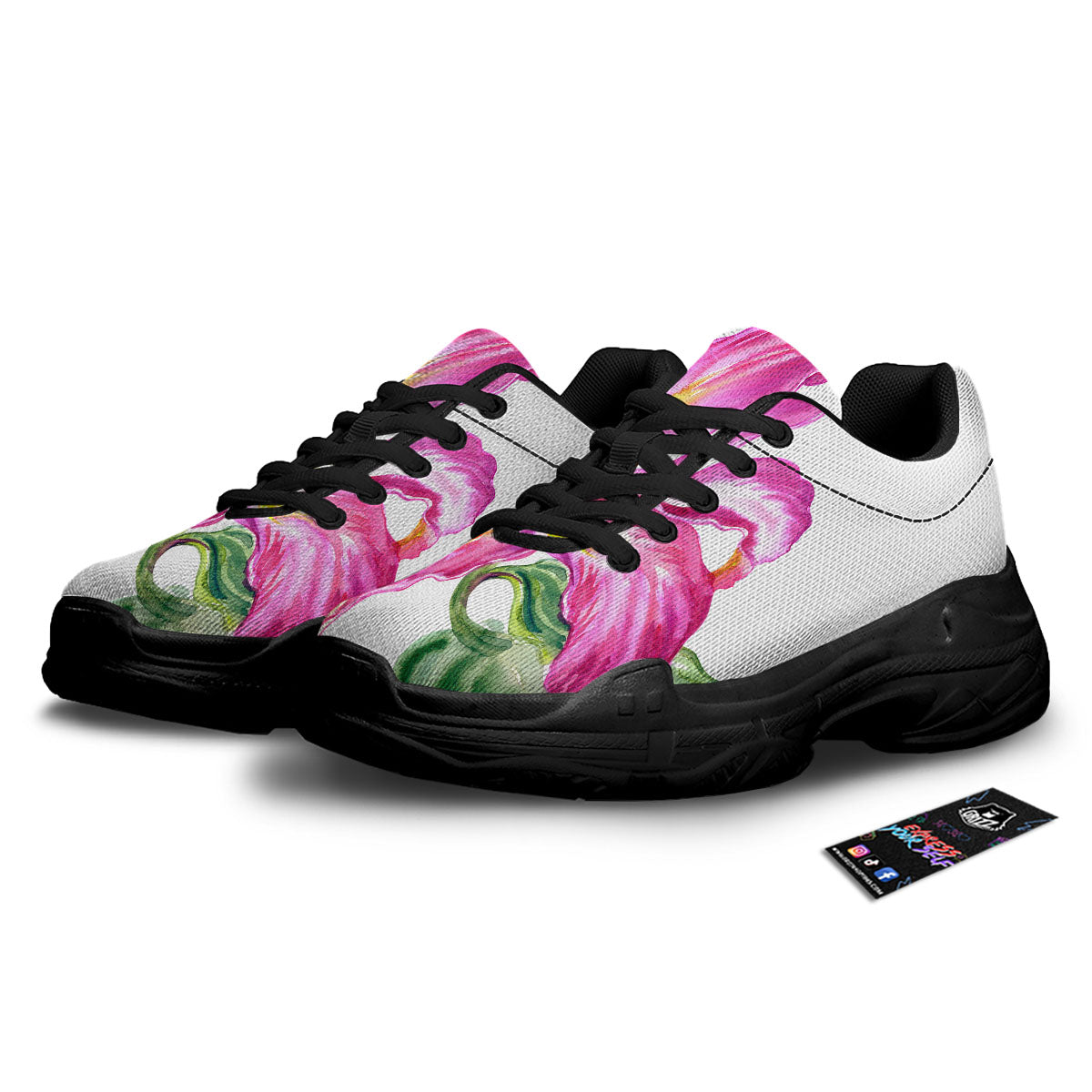 Lily Pink Watercolor Print Black Chunky Shoes-grizzshop
