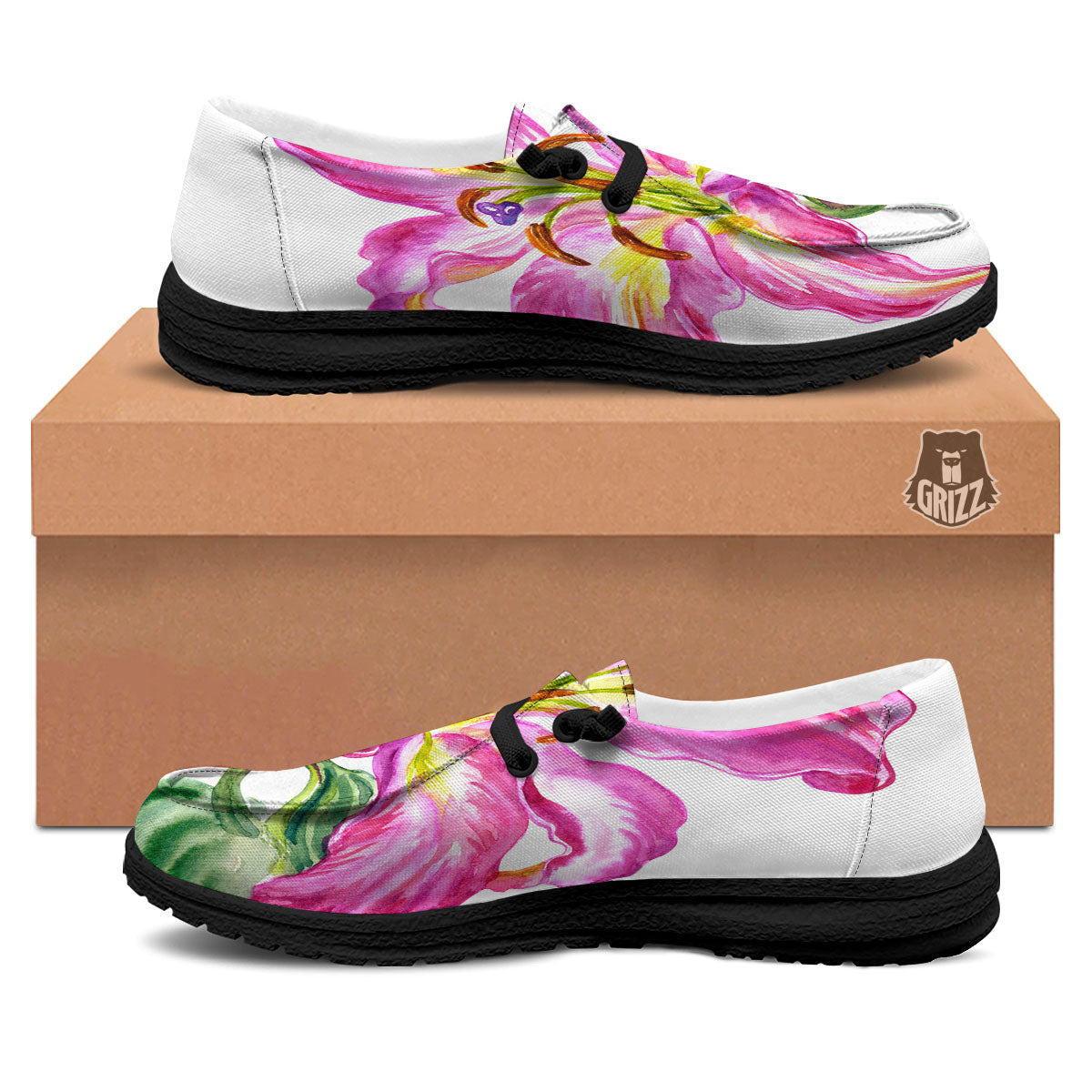 Lily Pink Watercolor Print Black Loafers-grizzshop