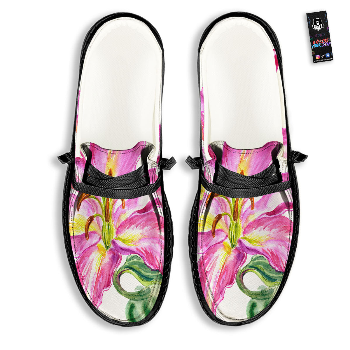Lily Pink Watercolor Print Black Loafers-grizzshop