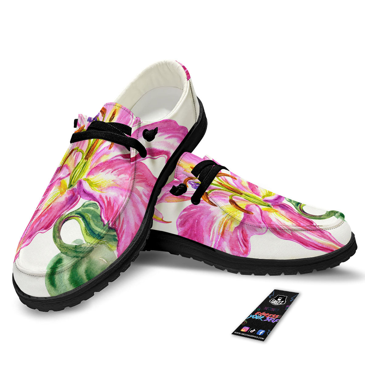Lily Pink Watercolor Print Black Loafers-grizzshop