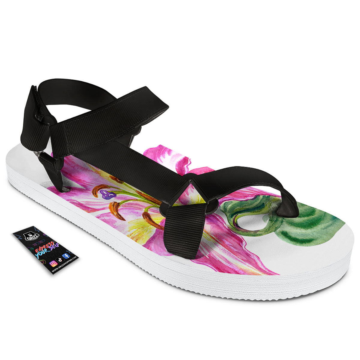 Lily Pink Watercolor Print Black Open Toe Sandals-grizzshop