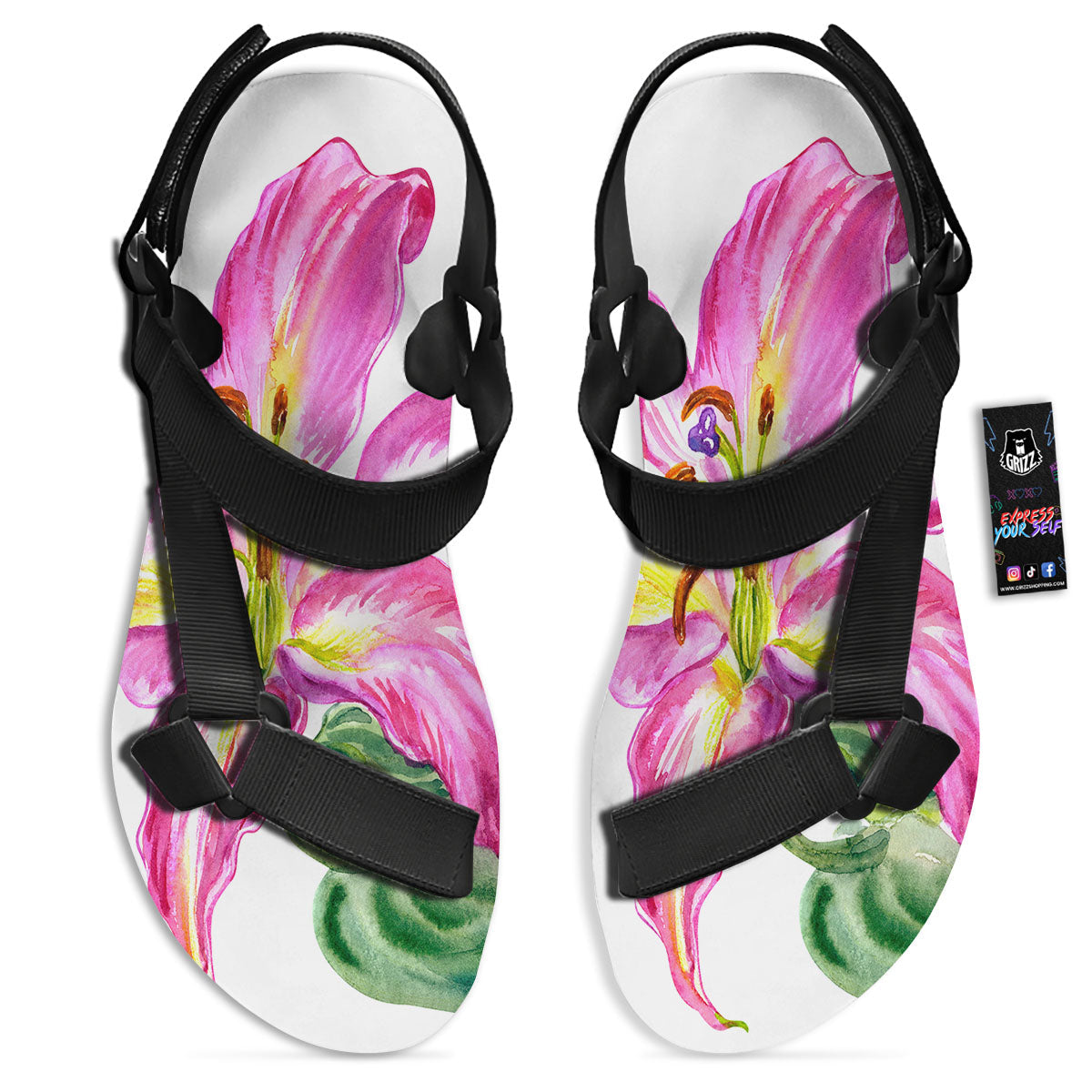 Lily Pink Watercolor Print Black Open Toe Sandals-grizzshop