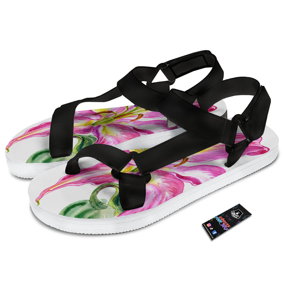 Lily Pink Watercolor Print Black Open Toe Sandals-grizzshop