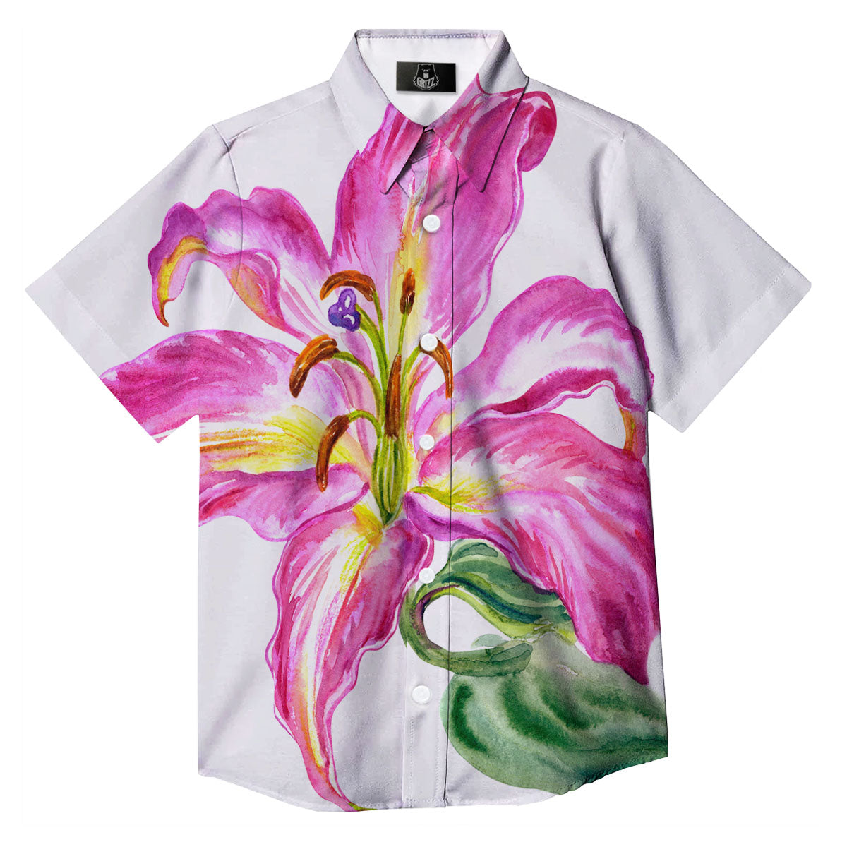 Lily Pink Watercolor Print Button Up Shirt-grizzshop