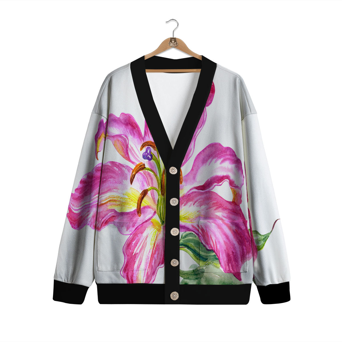 Lily Pink Watercolor Print Cardigan-grizzshop