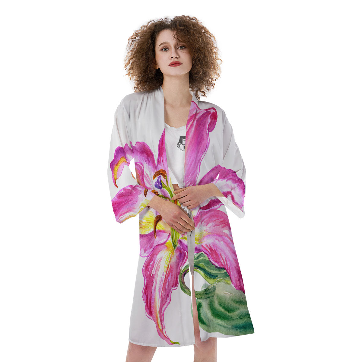 Lily Pink Watercolor Print Kimono-grizzshop
